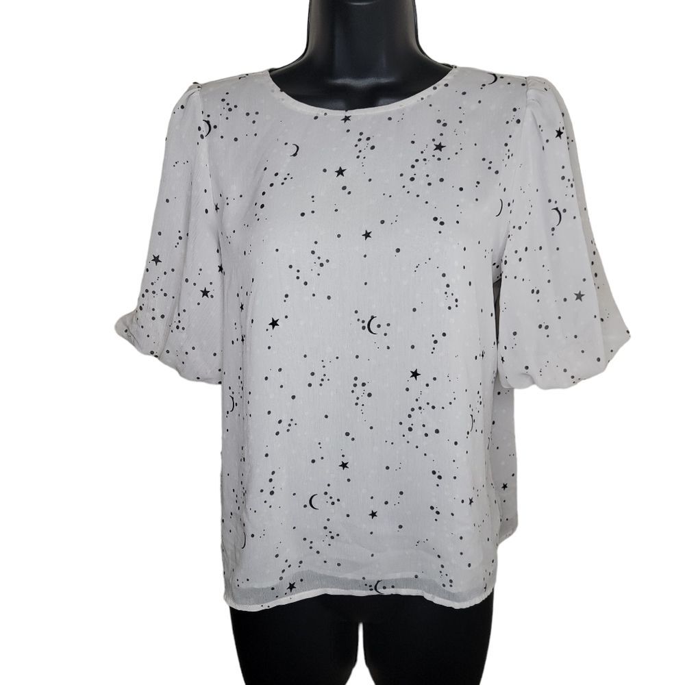Ann Taylor Petite chiffon puff sleeve moon & stars blouse top SP Small Petite